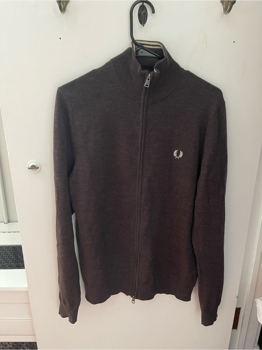 Fred Perry Men's Full-Zip Brown Merino Wool Sweater